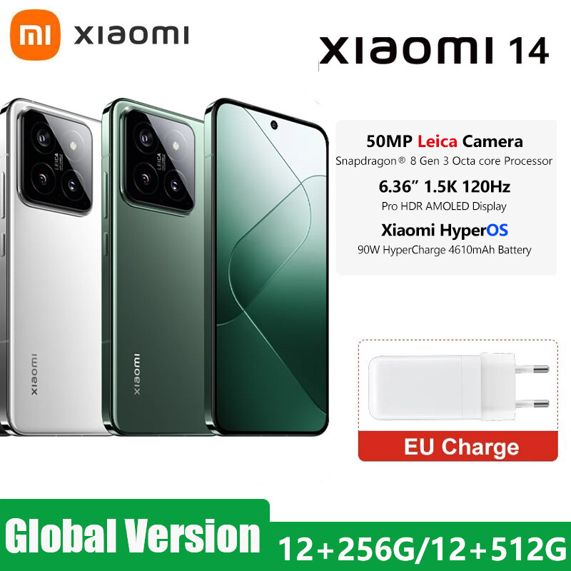 هاتف ذكي Xiaomi-Mi 14 ، 5G ، الإصدار العالمي ، سنابدراجون®كاميرا لايكا 8 Gen 3 ، 50mp AMOLED ، شاحن فائق 90W ، شاشة عرض ،