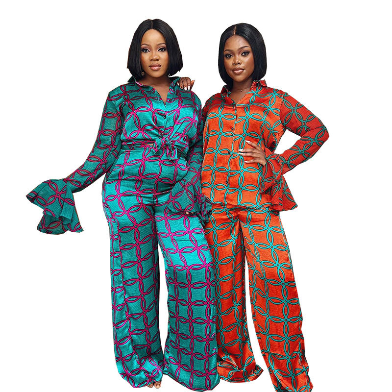 2023 Summer  Fashion Style African Women Long Sleeve V-neck Polyester Printing Two Pieces Sets Top and Long Pant African Suit
