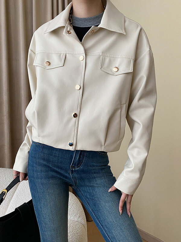 Куртка женская короткая из ПУ кожи, свободный крой, с отложным воротником и длинным рукавом, модный тренд, черная, большие размеры, O699, весна-осень