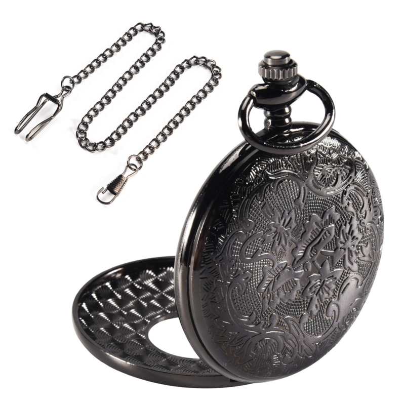 Reloj de bolsillo con colgante de cuarzo, collar con números romanos negros, Steampunk, Vintage, regalo