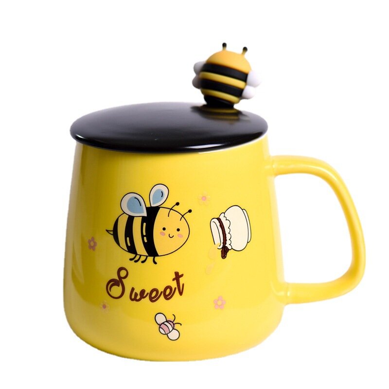 Taza de abeja de dibujos animados de cerámica con tapa de cuchara, tazas de café de cerámica, envío gratis, tazas de desayuno originales, juegos de tazas de café, regalo de Navidad