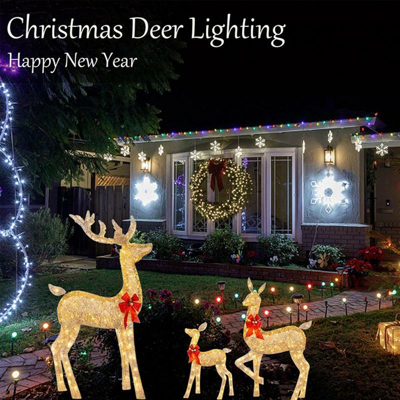 Natal rena iluminado jardim ao ar livre em pé elk ornamento com bowknot vermelho para quintal gramado festa espumante favor