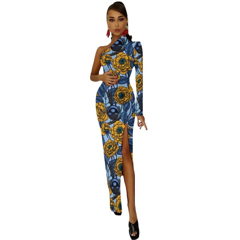 Burung bunga gaun panjang wanita Wren Di mawar Streetwear gaun Maxi Musim Semi Modern gaun Bodycon Split samping pakaian grafis