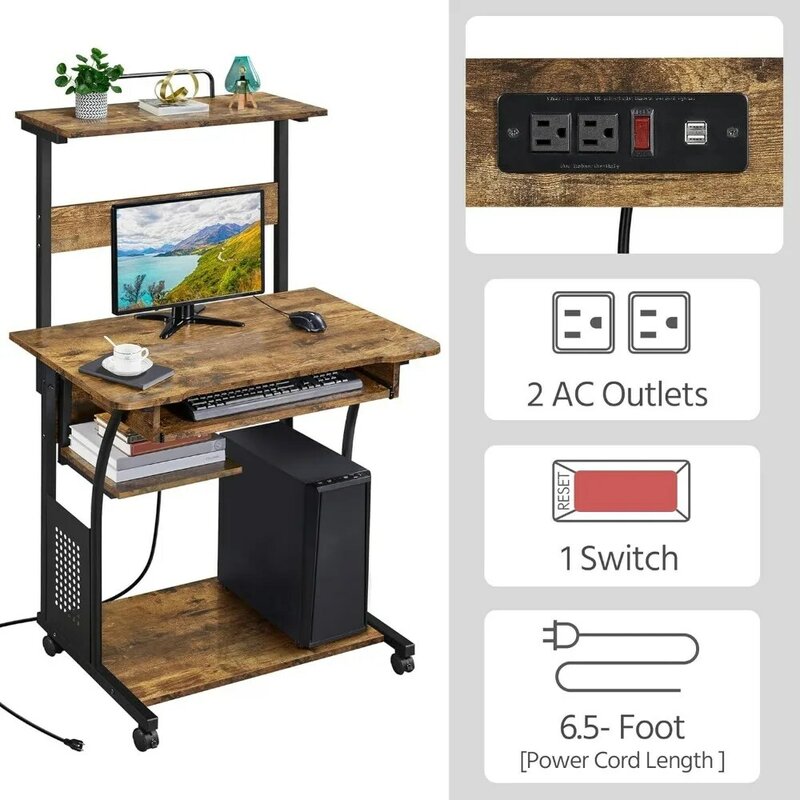 3 Tiers Rolling Computer Desk on Wheels with Charging Station and Keyboard Tray, Mobile Home Office Desk PC Laptop Workstation