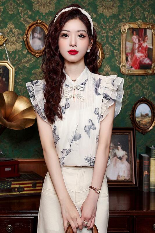 Miiiix-Tinta chinesa de camisa feminina, top de verão, roupa feminina, botão Pan, manga voadora, novo, 2022