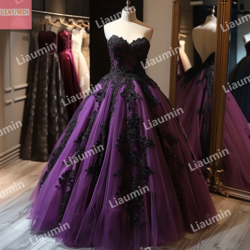 Ręcznie robiony fioletowy tiul z czarną koronkową aplikacją bez ramiączek na wieczorny bal suknie ślubne długość podłogi formalne W15-44.2