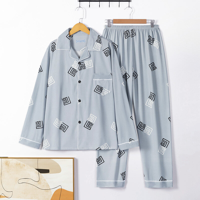 Conjunto de pijama estampado coreano masculino, pijamas de manga comprida, calças compridas, loungewear solto, 2 peças, primavera, outono