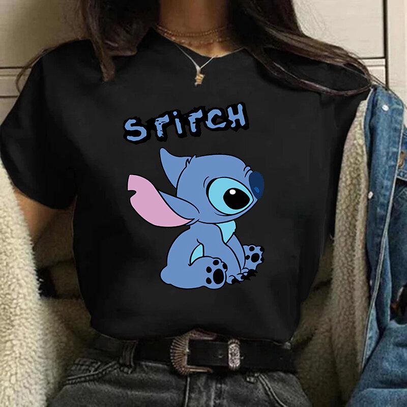 Disney-Desenhos animados engraçados femininos Lilo e Stitch camiseta gráfica, top gótico, camiseta de hip hop, roupas femininas, camiseta