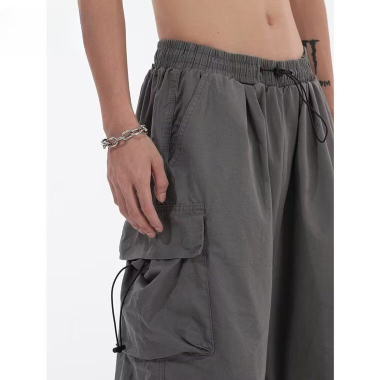 Calça de cintura elástica para homens, calça folgada, bolsos múltiplos, monocromática, streetwear casual, primavera, A53, 2023