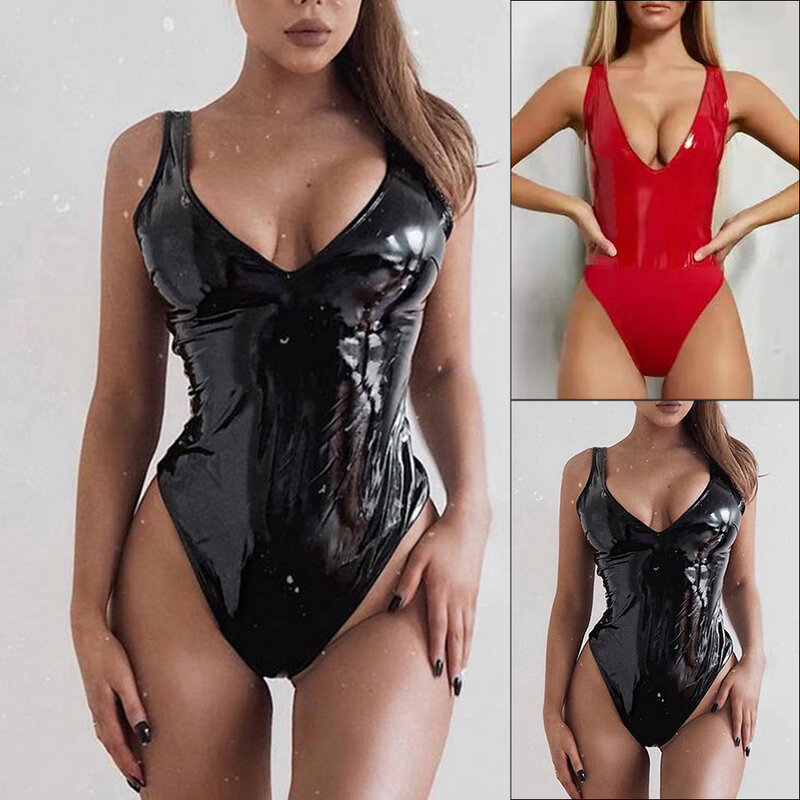 Body femminile Nightclub Pu Leather Pu Leather costume da bagno Regular senza maniche Swimwear Wetlook Glossy 1 Pc Comfy