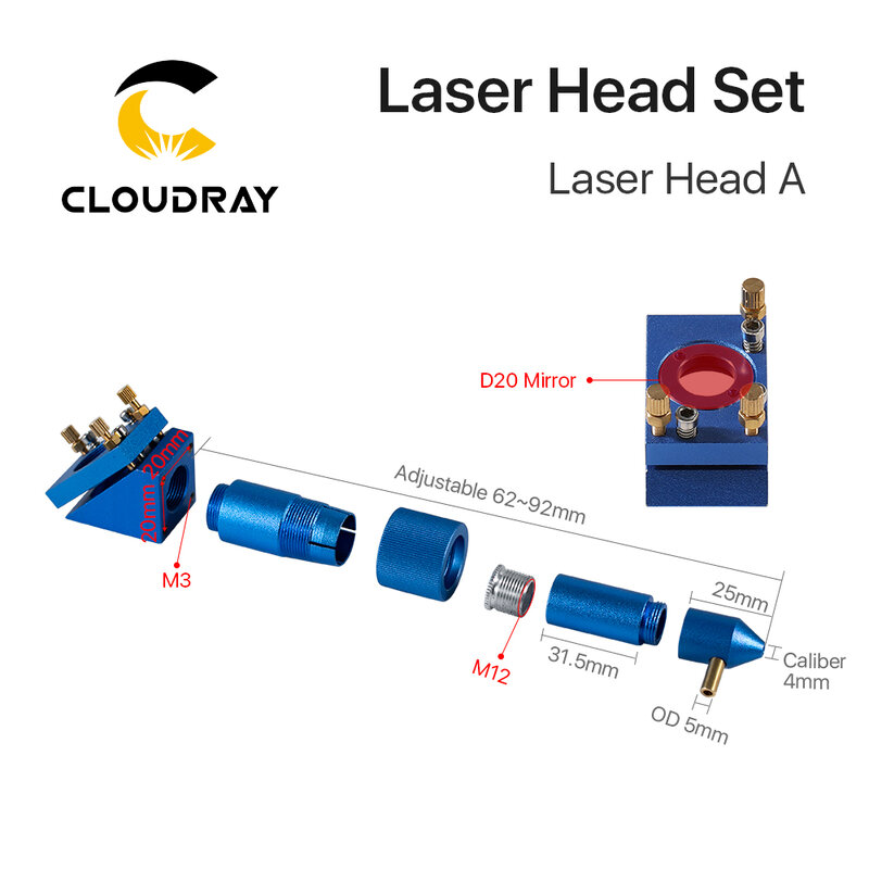 Set Kepala Laser CO2 Biru Emas Seri Clouk K dengan Cermin Lensa untuk Mesin Pemotong Pengukir Laser 2030 4060 K40