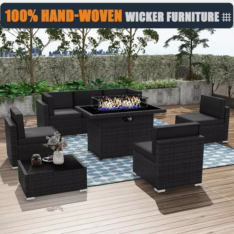 Black Rattan Wicker Sofa Set, Mobília do pátio, Sofá Conversação Set com 44 "Propano Gás, Fire Pit Table, ao ar livre secional, 8 Pcs