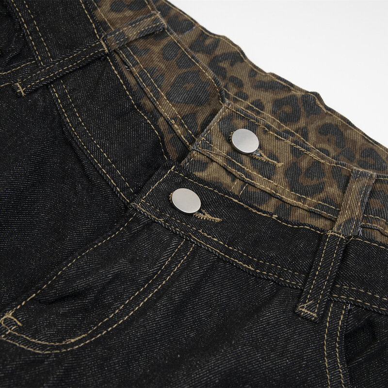 Men Fashion Jeans Leopard Patchwork Streetwear Hip Hop Jeans Black Denim Pants Unisex Y2K Casual Loose Straight Jeans Trousers