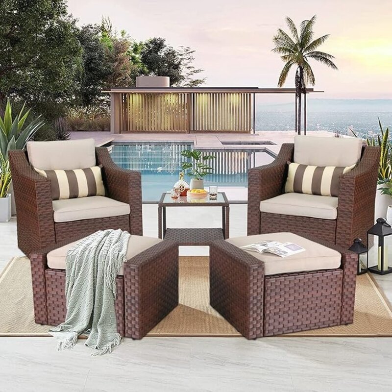 5 Piece Patio Conversation Set Outdoor Furniture Set, Brown Wicker Lounge Chair with Ottoman Footrest, W/Coffee Table & Cushions