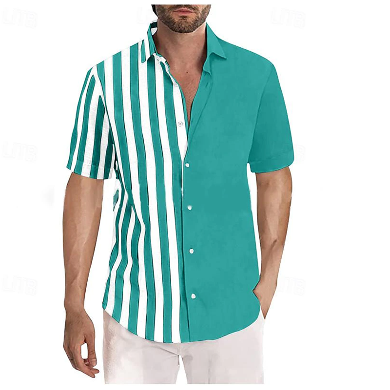 Men's Shirt Summer Oversized 6XL Beach Shirt Short Sleeve Color Block Striped Lapel Hawaiian Resort Clothing Fashion Casual 2024