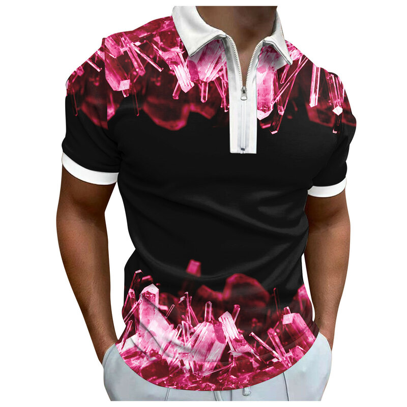 Mens Summer Digital 3D Printing Fashion Poster Holiday Beach Lapel Zipper Short Sleeve Shirt T Shirt Comfortable streetwear