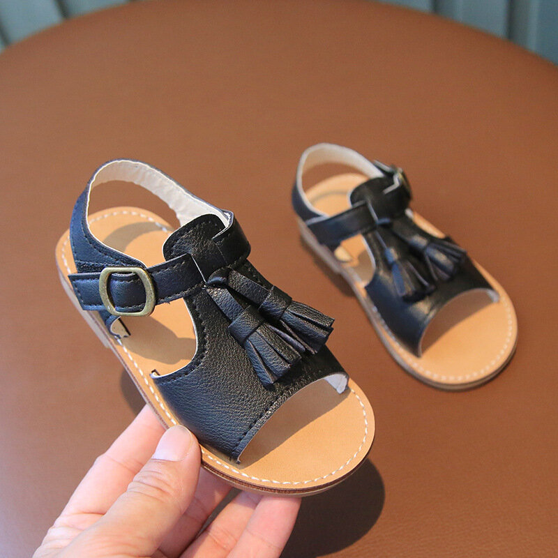 Sandalias clásicas con borla para niña, zapatos planos antideslizantes de Punta abierta en tres colores para niños pequeños, zapatos cómodos de 21-30, para uso diario de verano