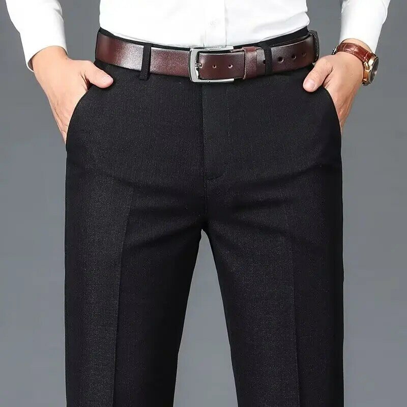 Celana setelan kasual bisnis pria, bawahan Formal kantor lurus pinggang tinggi polos, setelan celana panjang gaya klasik ukuran besar