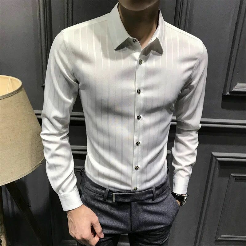Camisa de manga comprida Harajuku masculina, moda elegante, slim fit, casual solta, com todos os fósforos, gola pontiagudos, com botão estampado, 2020