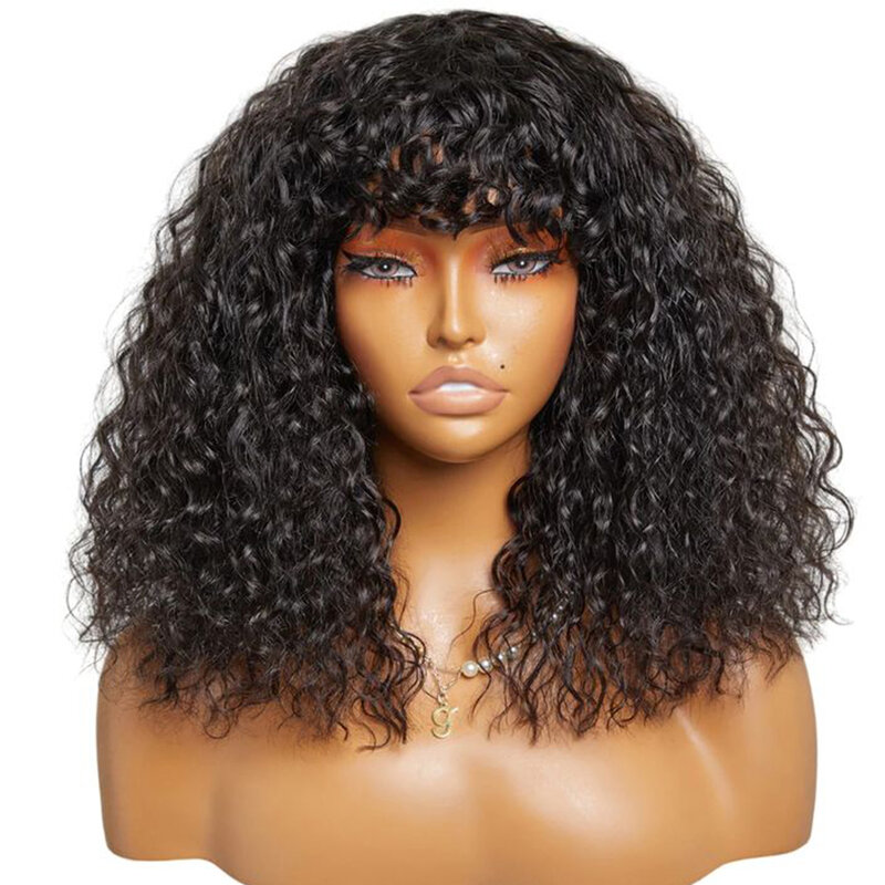 Peluca de cabello humano rizado con flequillo para mujer, postizo de pelo brasileño Natural con ondas profundas, 180% de densidad