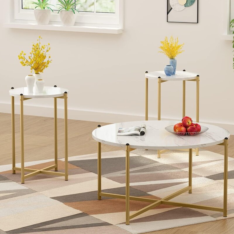 Set meja kopi 3, meja kopi bulat Modern & 2 buah meja akhir Marmer imitasi dengan bingkai dasar silang emas, Modern