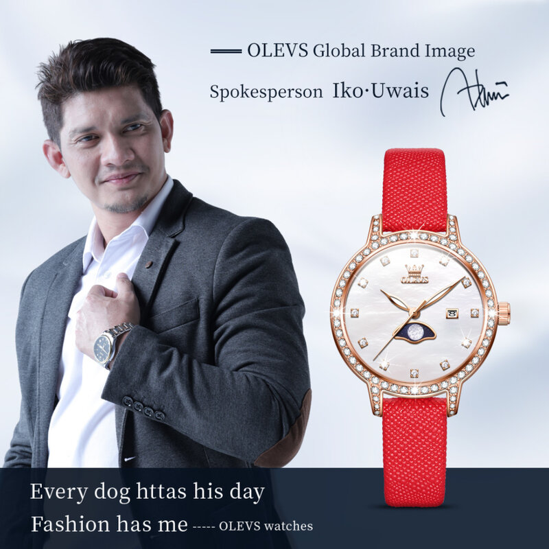 Olevs relógio de quartzo com pulseira de couro, mostrador redondo, calendário, moda, presente, 5597