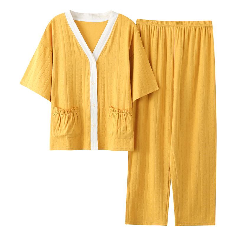 Wiosenna i letnia dzianina bawełniana żakardowa kardigan z dekoltem w szpic spodnie z krótkim rękawem damska piżama na co dzień słodka nastoletnia loungewear