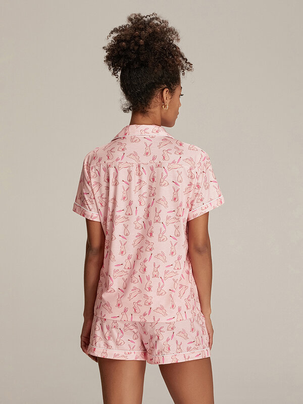 Women 2 Piece Pajama Set Bunny Print Button T-Shirt and Elastic Shorts for Loungewear Soft Sleepwear for Nightwear