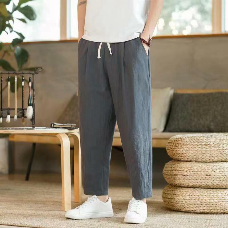Новинка лета 2024, тонкие льняные мужские брюки в китайском стиле, Свободные повседневные длинные брюки, прямые хлопковые льняные брюки с широкими штанинами