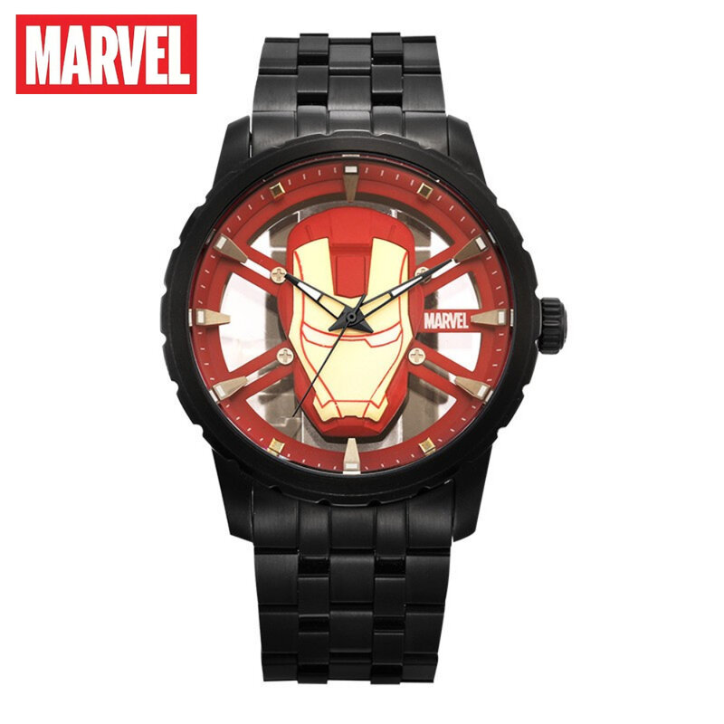 Montre à quartz Marvel avec boîte, casque de Iron Man, ceinture en acier, cadeau créatif, tendance de la rue, garçons, Marvel, cadeau Disney