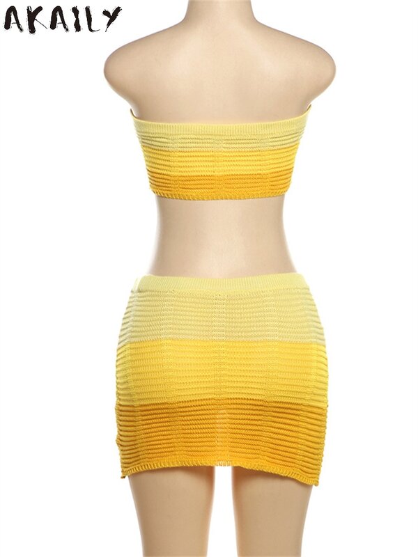 Akaily Summer Yellow Gradient Knit 2 Two Piece Sets Beach Party Clothing For Woman 2024 Streetwear Strapless Bodycon Skirt Sets