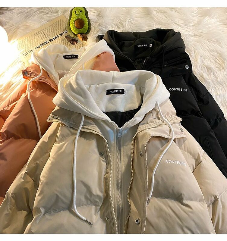 Koreańska wersja zimowa nowe, rekreacyjne bawełniane ubrania damskie Y2K wielofunkcyjne fałszywe dwie kieszonkowe kurtki puchowe gruba powłoka