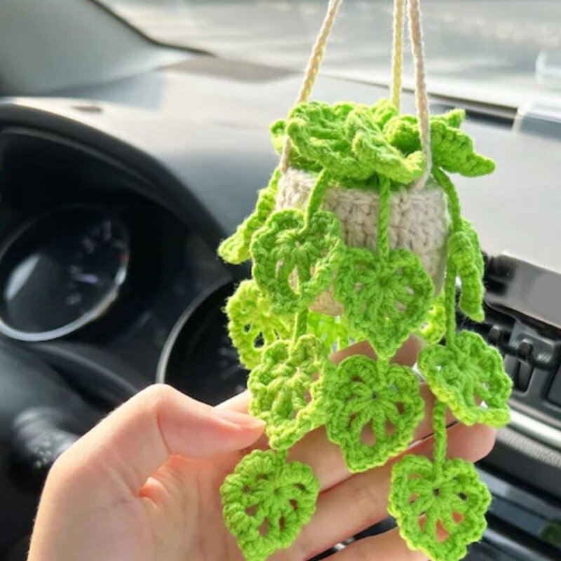 Potted Plants Crocheted Rearview Mirror Hand Knitted Hanging Ornament For Women