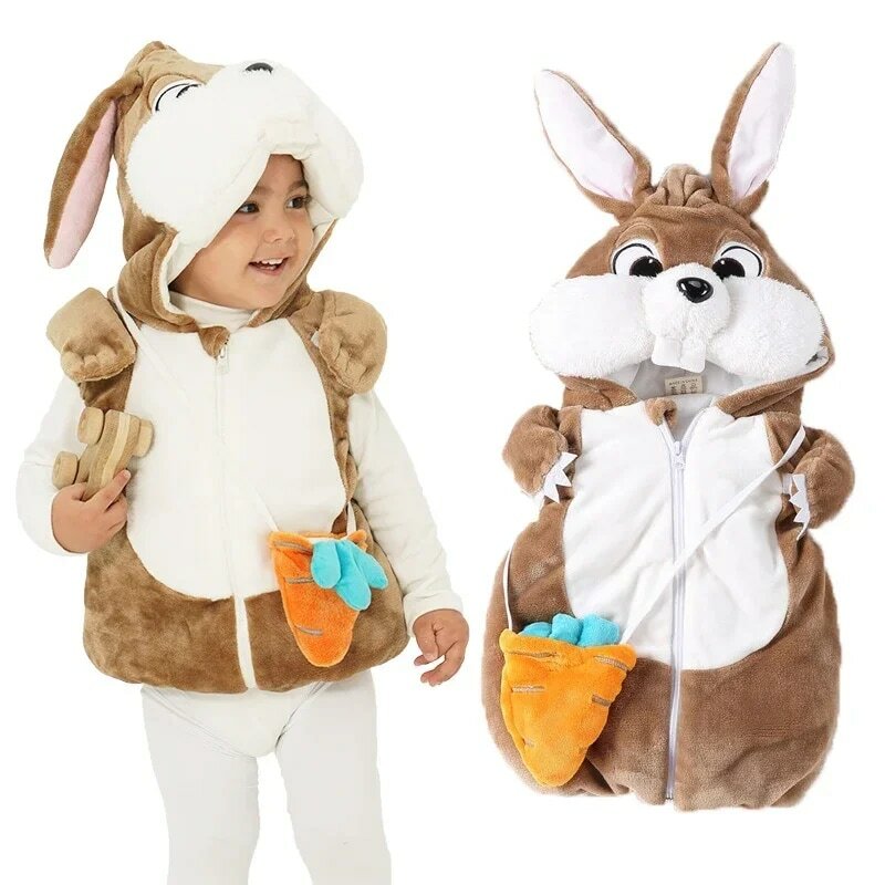 زي طفل أرنب بغطاء رأس ، سماكة الشتاء ، طفل رضيع ، سترة مع جزر ، هالوين ، بوريم ، لونين ، 1-2 طن ، 2-3 طن