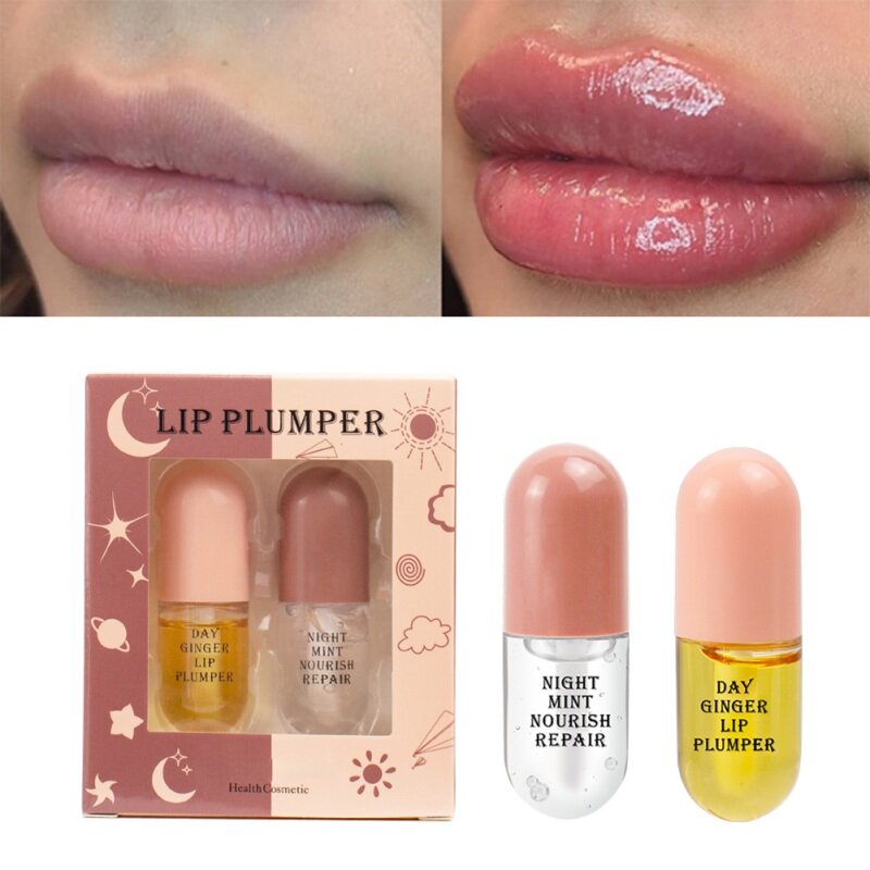 2Pcs x 10ml Ginger Mint Lip Hydrating Plumper Set Anti-chipping Fades Lip Wrinkles Nourishing Repair Day Night Moisturizing