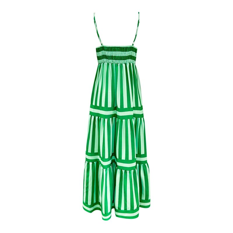 Gaun Vintage Boho 2024 gaun pantai ayunan bergaris musim panas wanita gaun flare bertali spageti tanpa lengan punggung terbuka