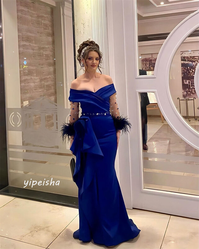 Prom Dress Evening Saudi Arabia Jersey Feather Draped Beading Graduation Mermaid Off-the-shoulder Bespoke Occasion Gown
