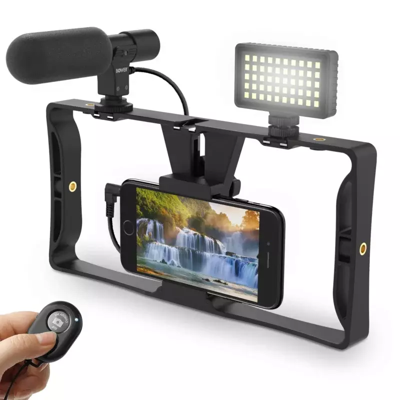 Bower ultimate vlogger pro kit with smartphone rig, HD microphone, 50 LED light, 3 diffusers/filters, and shutter remote