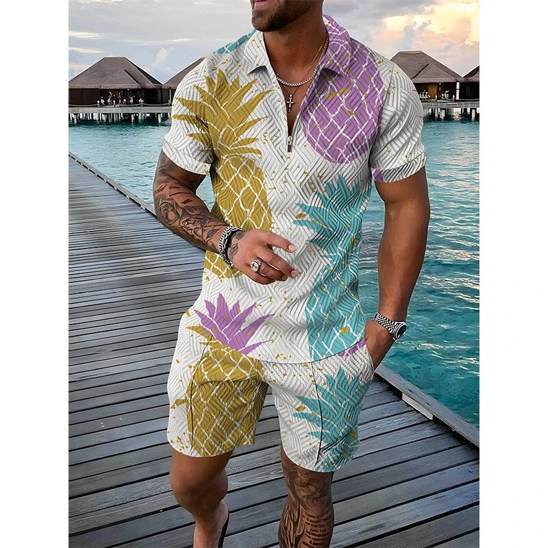 Men Fruit Tracksuit Pineapple Pawpaw 3D Print Short Sleeve Zipper Polo Shirt Shorts Sets 2 Pieces Oversized Streetwear Set Sui