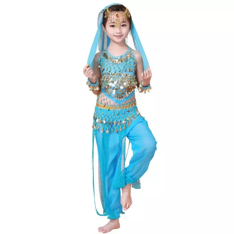 子供のためのシフォンベリーダンス衣装、女の子のためのステージ衣装、ハロウィーンのパフォーマンス、子供布、インド、7個セット
