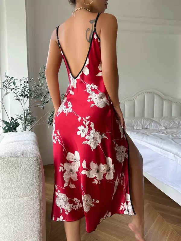 Vestido feminino fino respirável de seda de gelo, pijama sexy estampado com flor vermelha, costas abertas, camisola dividida, verão