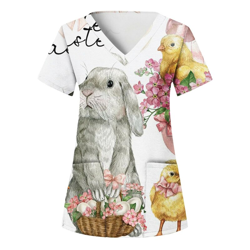 Happy Easter Women Scrubs Top Short Sleeve V Neck Easter Print T Shirts With Pockets Designs Wrinkle Free Soft Nursing Blouse