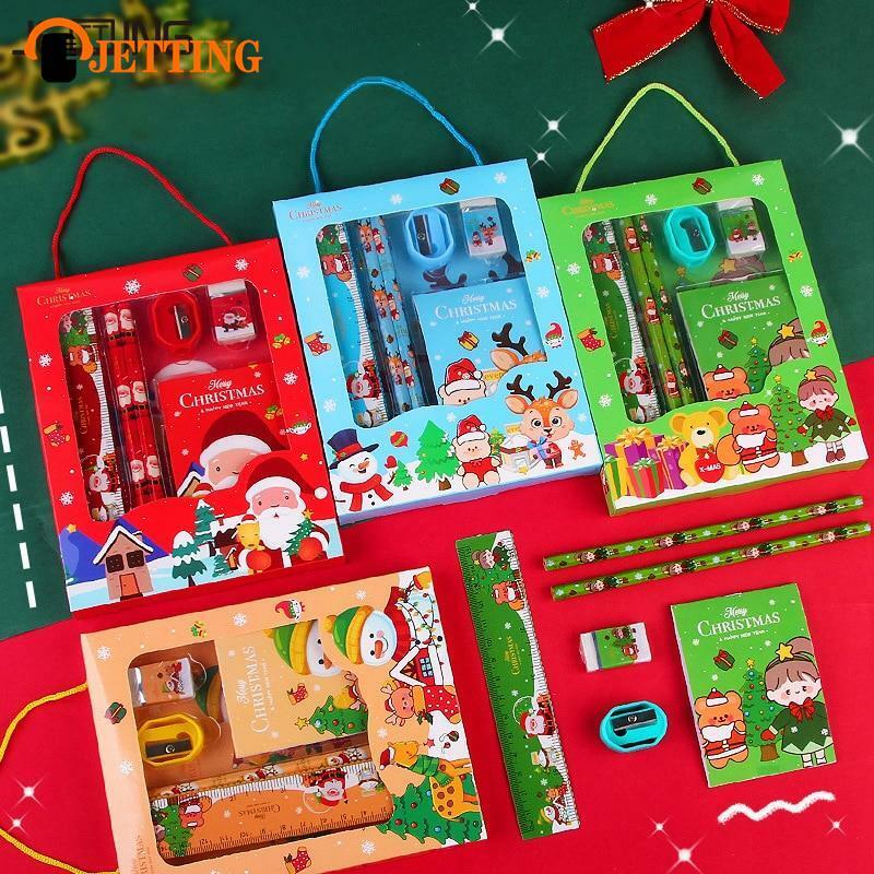 6Pcs/set Christmas Stationery Series (Ruler +Pencil +Eraser +Pencil Sharpener +Memo pad )Kit Kids Stationery Gifts Students