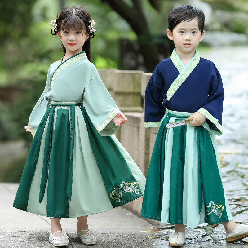 Dua Potong Hanfu untuk Anak-anak Anak Perempuan dan Laki-laki Gaya Cina Kostum Wanita Uniseks Setelan Tang Bordir Tampilan Kuno