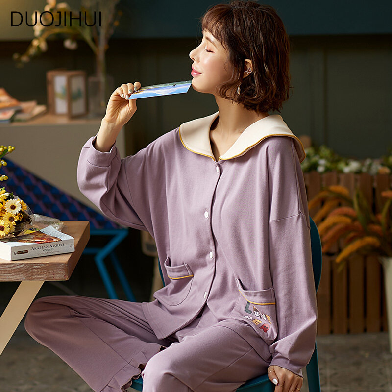 DUOJIHUI Purple Fashion Two Piece Casual Home Pajamas for Women New Chic Simple Cardigan Basic Loose Pant Sweet Female Sleepwear