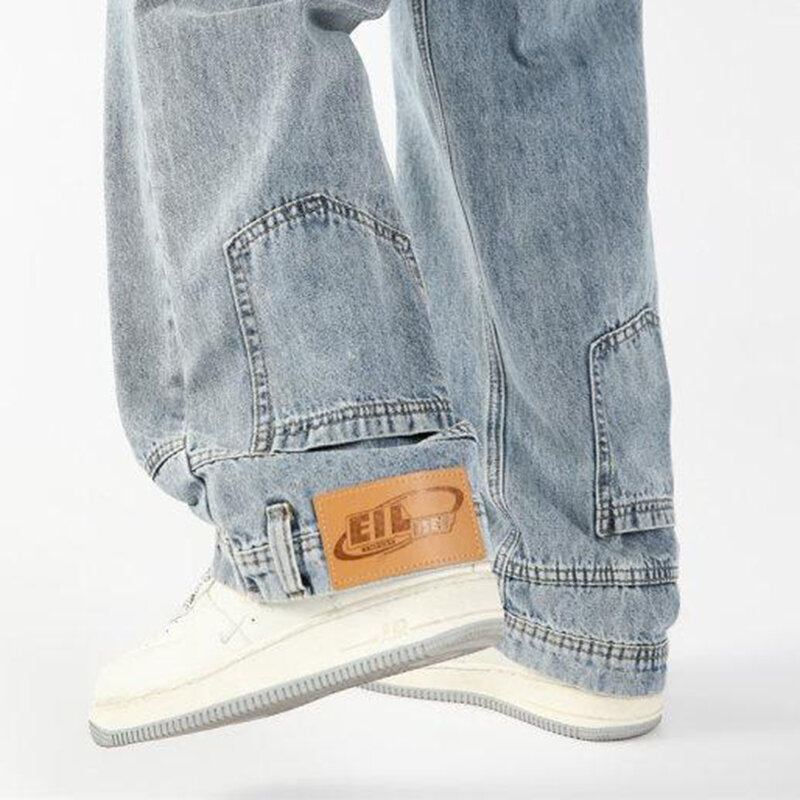 Fewq gewaschen weites Bein Männer Jeans Nische gewaschene Hosen 2024 Taschen Design einfarbige Vintage männliche Hosen Mode 24x9125