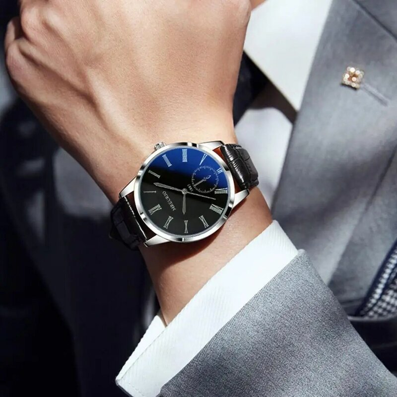 남성용 라운드 블루 다이얼 시계, 남성용 비즈니스 시계, 인조 가죽 스트랩, 쿼츠 손목 시계