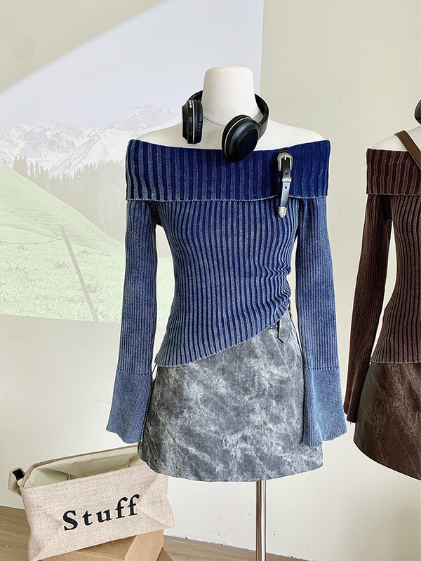 Модный простой классический вязаный свитер с воротником-лодочкой и открытыми плечами, пуловеры с длинным рукавом и расклешенными рукавами, уличная одежда Y2K на осень и зиму