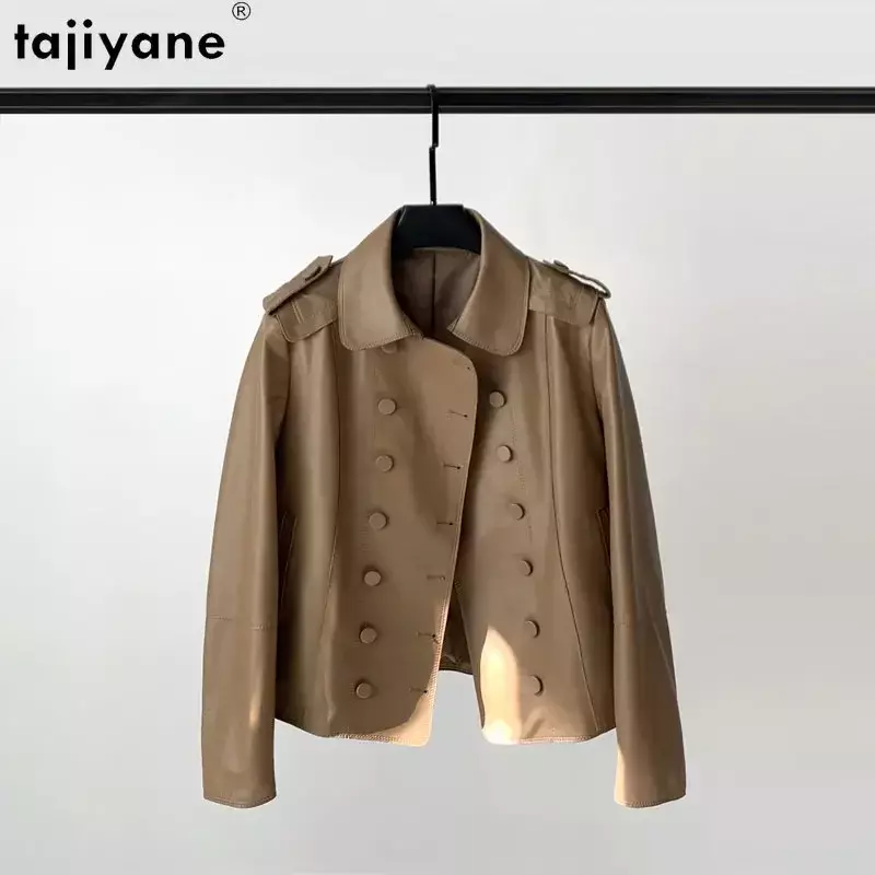 Tajiyane-Veste en cuir véritable pour femme, blouson court et slim, col carré, manteau en peau de mouton véritable, streetwear à double boutonnage