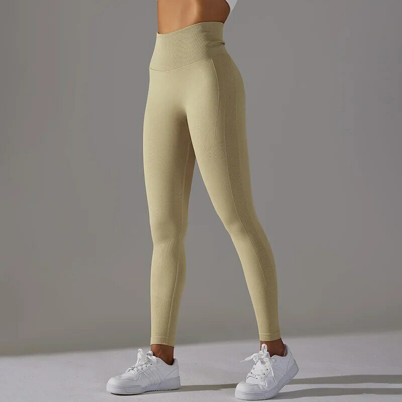 กางเกงโยคะผู้หญิงถักไร้ตะเข็บสีทึบกางเกงกีฬาวิ่งและออกกำลังกายกางเกงกีฬายกเอวสูงและสะโพก